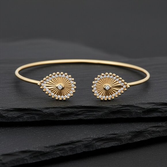Serenity Diamond 14K (or 18k upon request) Gold Bangle  Shiny Bangle 14K (or 18k upon request) Yellow Gold Diamond Bracelet